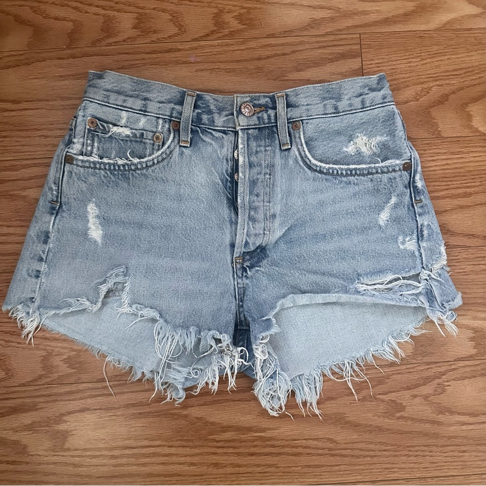 Agolde Frayed Light Blue Jean Shorts